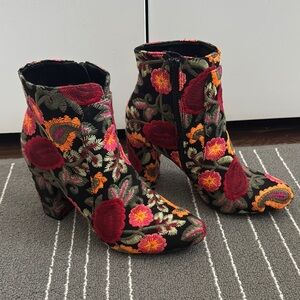MIA Black Embroidered Floral Ankle Boots with Red and Orange Accents